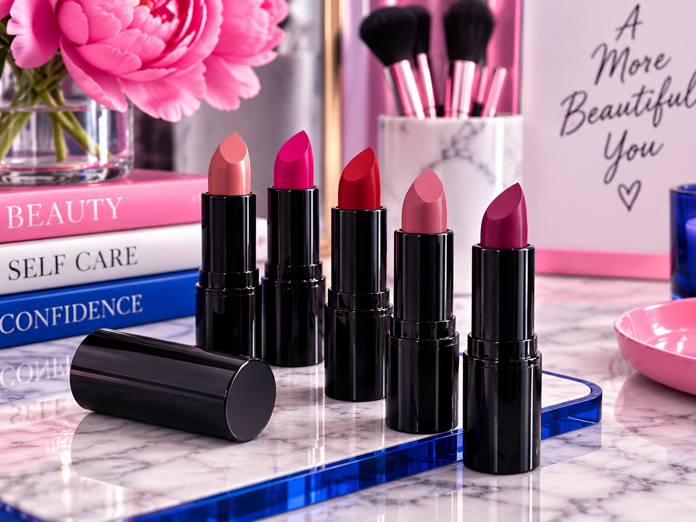 Collection of colorful lipsticks displayed on an elegant pink, blue, black, and white beauty vanity.