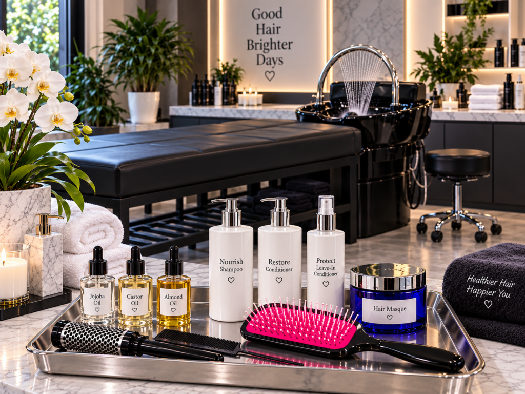 Hair care products and styling tools displayed in a luxury salon with a flat shampoo bed and head spa.
