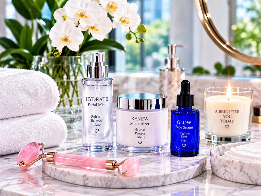 Skincare products arranged on a bright vanity with white orchids, white towels, a pink facial roller, and blue accents.