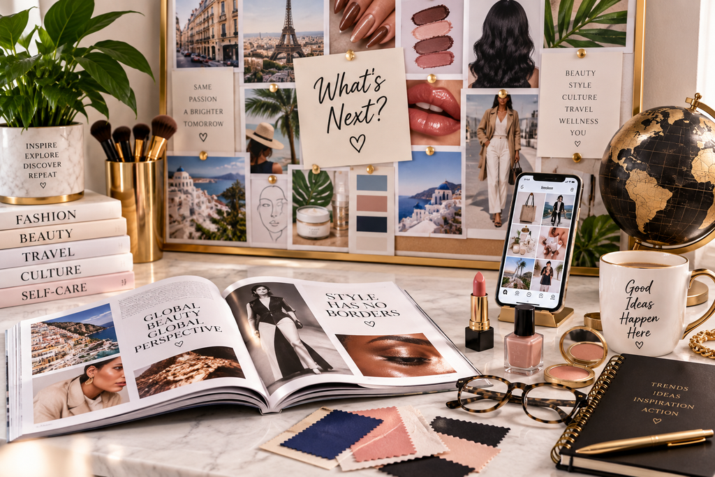 Editorial inspiration workspace featuring fashion, beauty, global influences, trend imagery, and creative style references.