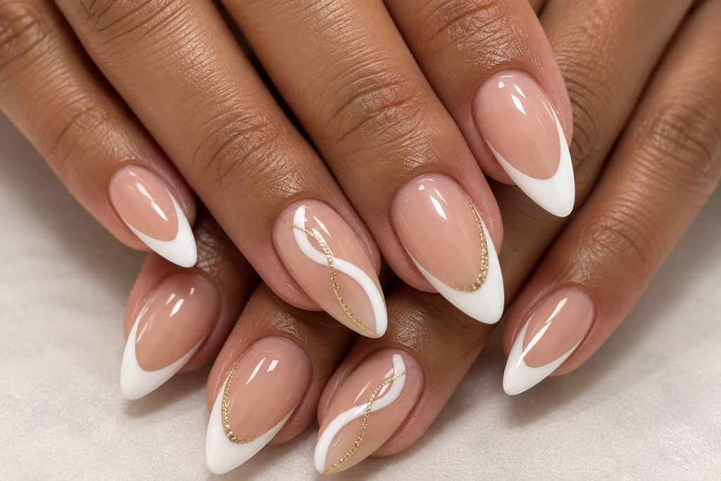 Light brown fingers with almond-shaped French manicure nails featuring white and gold nail art.